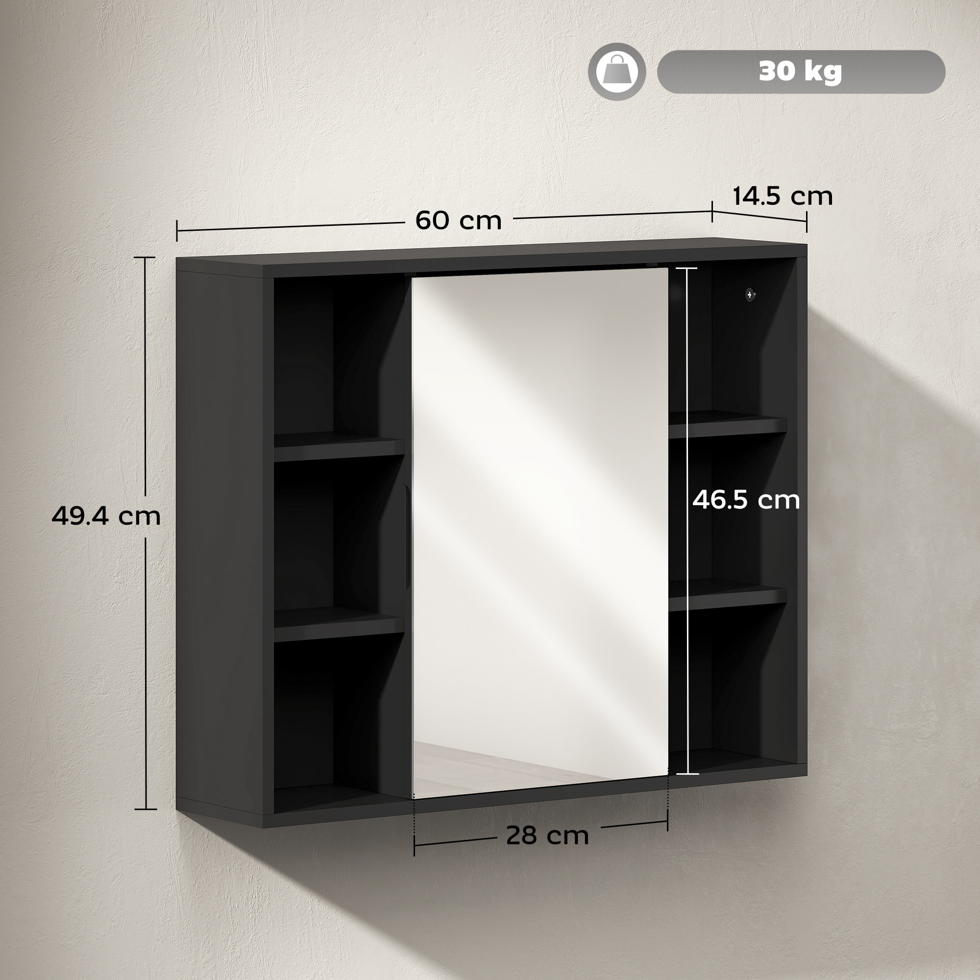 Miroir de salle de bain avec placard et étagères - 4 étagères latérales + 2 étagères intérieures - MDF panneaux particules noir