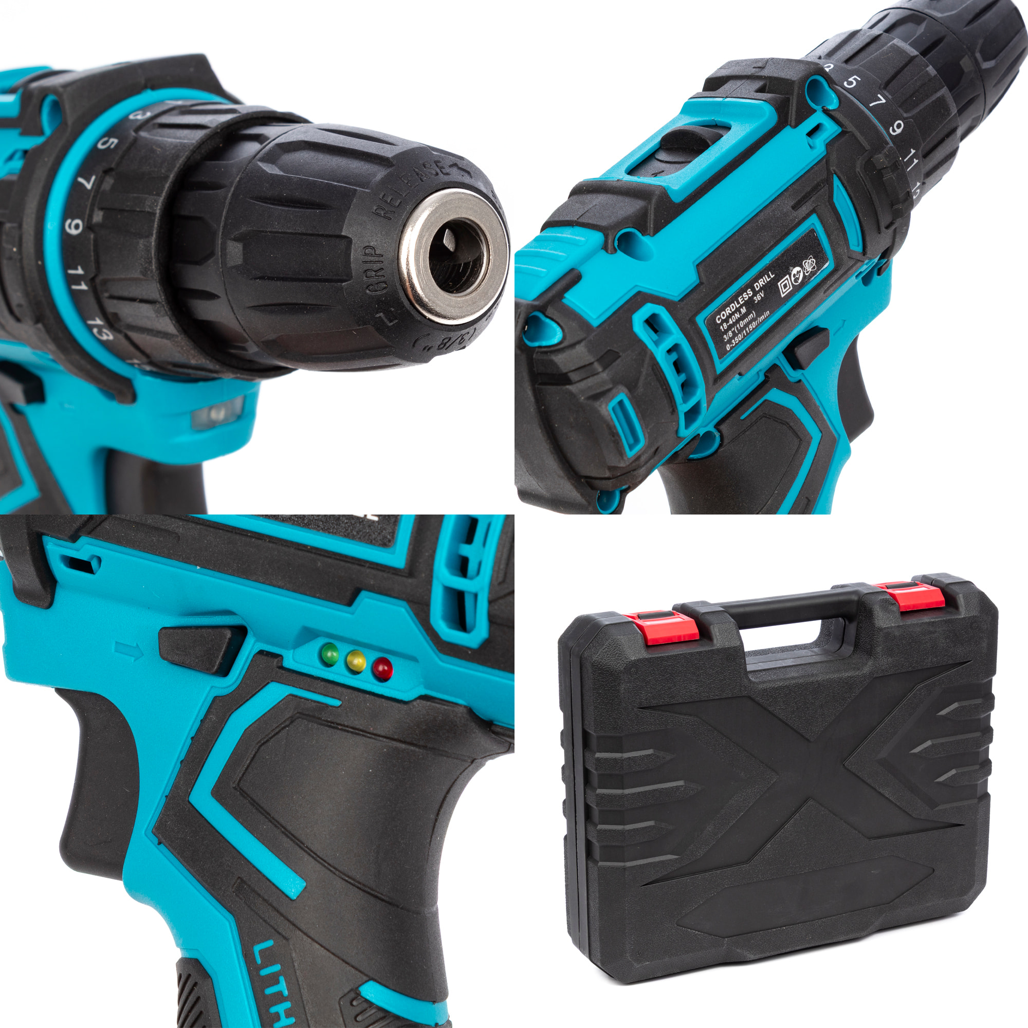 Taladro eléctrico inalámbrico 21V con doble velocidad, 40NM, maletín de transporte y 24 accesorios. 2 baterías de 6500 mAh.