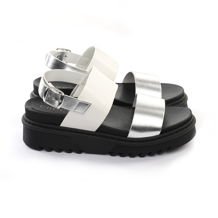 SANDALO FLATFORM DOPPIA FASCIA CHOCOLA' BIANCO E ARGENTO