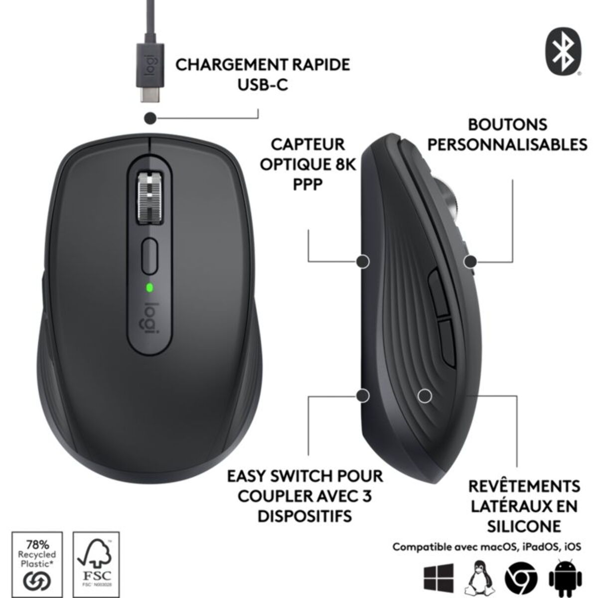 Souris sans fil rechargeable LOGITECH MX anywhere 3S Silencieuse Graphite