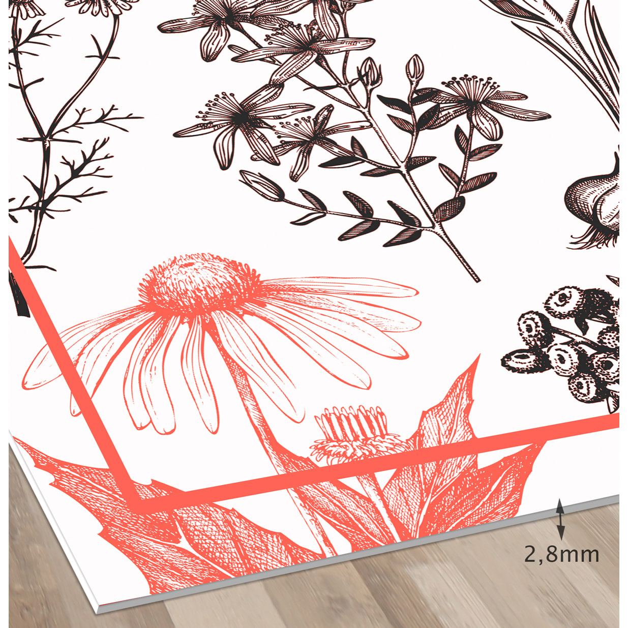 Alfombra de vinilo CERAMIKO, Plantas medicinales rojo 66x150 cm