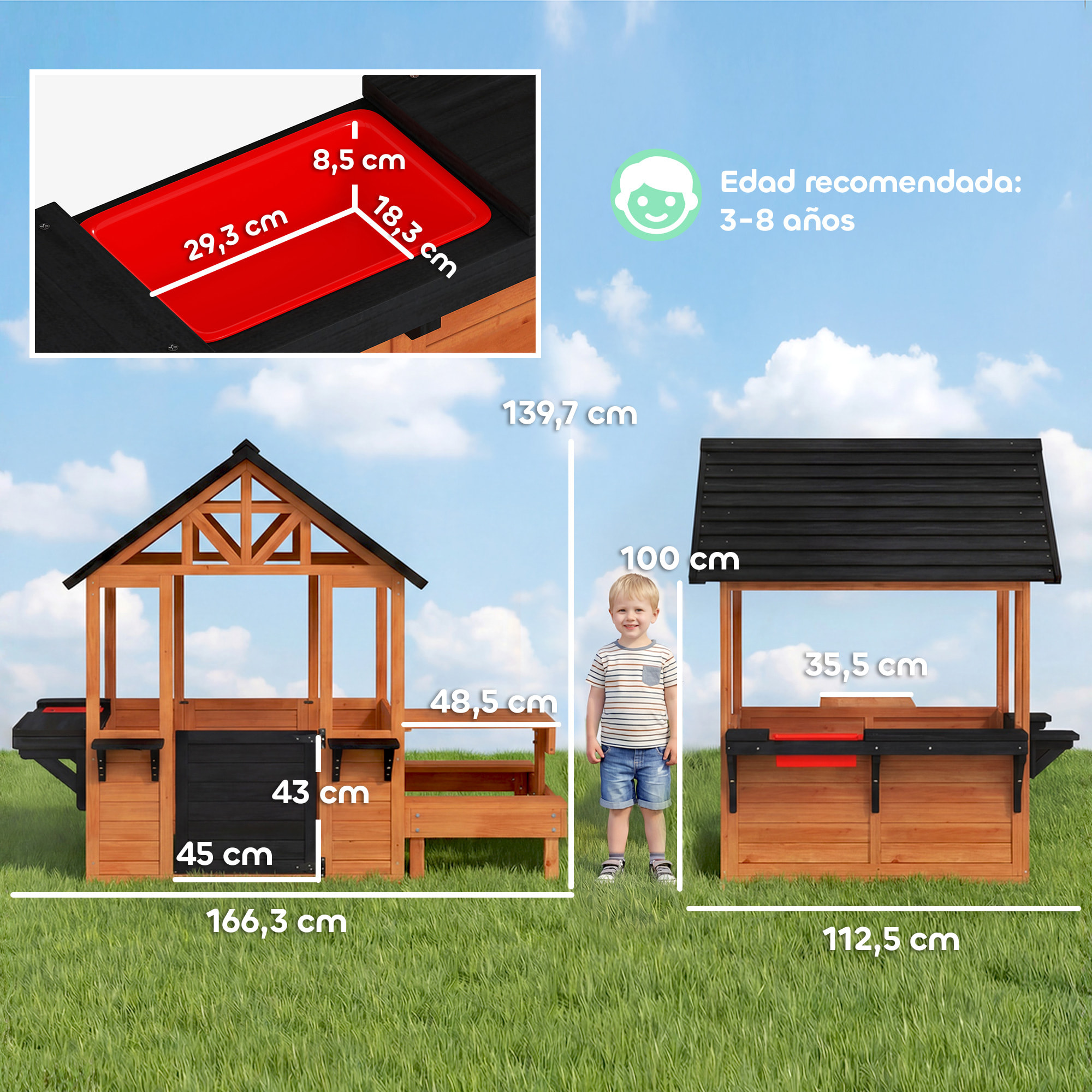 Casita Infantil Exterior e Interior de Madera, Casita Infantil con Barra de Snack y Bancos, Mesa Lateral, Fregadero, Maceteros, Ventanas, Casa de Jardín para Niños de 3-8 Años, Marrón Claro