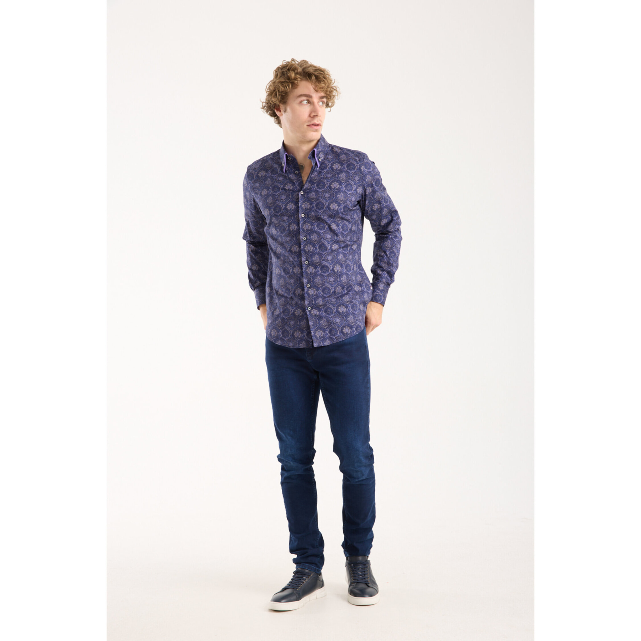 Camicia Uomo 2 Bottoni Button Down Doppio Coll Popeline Stretch Stampato Blu e Viola