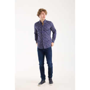 Camicia Uomo 2 Bottoni Button Down Doppio Coll Popeline Stretch Stampato Blu e Viola