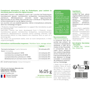 ISN - Mafloril Gasseri - Complément alimentaire - 4 souches de probiotiques - Soutien de la flore intestinale dans le cadre d'un régime minceur - Cure 30 jours
