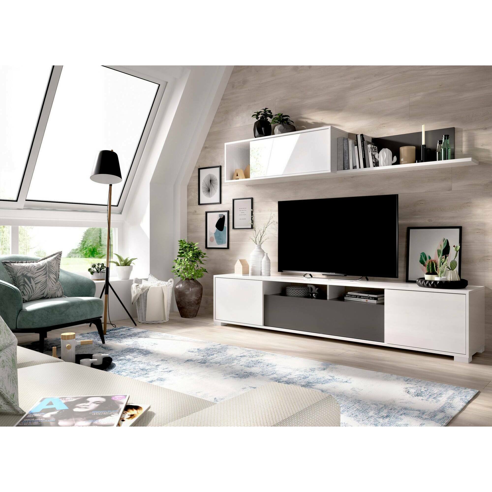 Parete attrezzata Gruf, Set da soggiorno porta TV, Mobile salotto multiuso, 200x41h180 cm, Bianco e Antracite