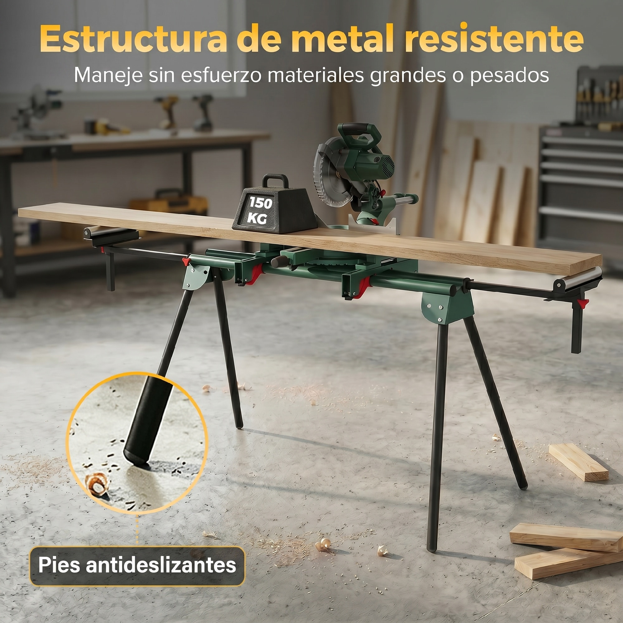 Soporte de Sierra Ingletadora, Universal con Rodillos Extensibles 94-195 cm, Banco de Trabajo Plegable con Altura y Ancho Ajustable, Estructura Metálica Reforzada, Sistema Fijación Carga 150 kg