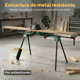 Soporte de Sierra Ingletadora, Universal con Rodillos Extensibles 94-195 cm, Banco de Trabajo Plegable con Altura y Ancho Ajustable, Estructura Metálica Reforzada, Sistema Fijación Carga 150 kg