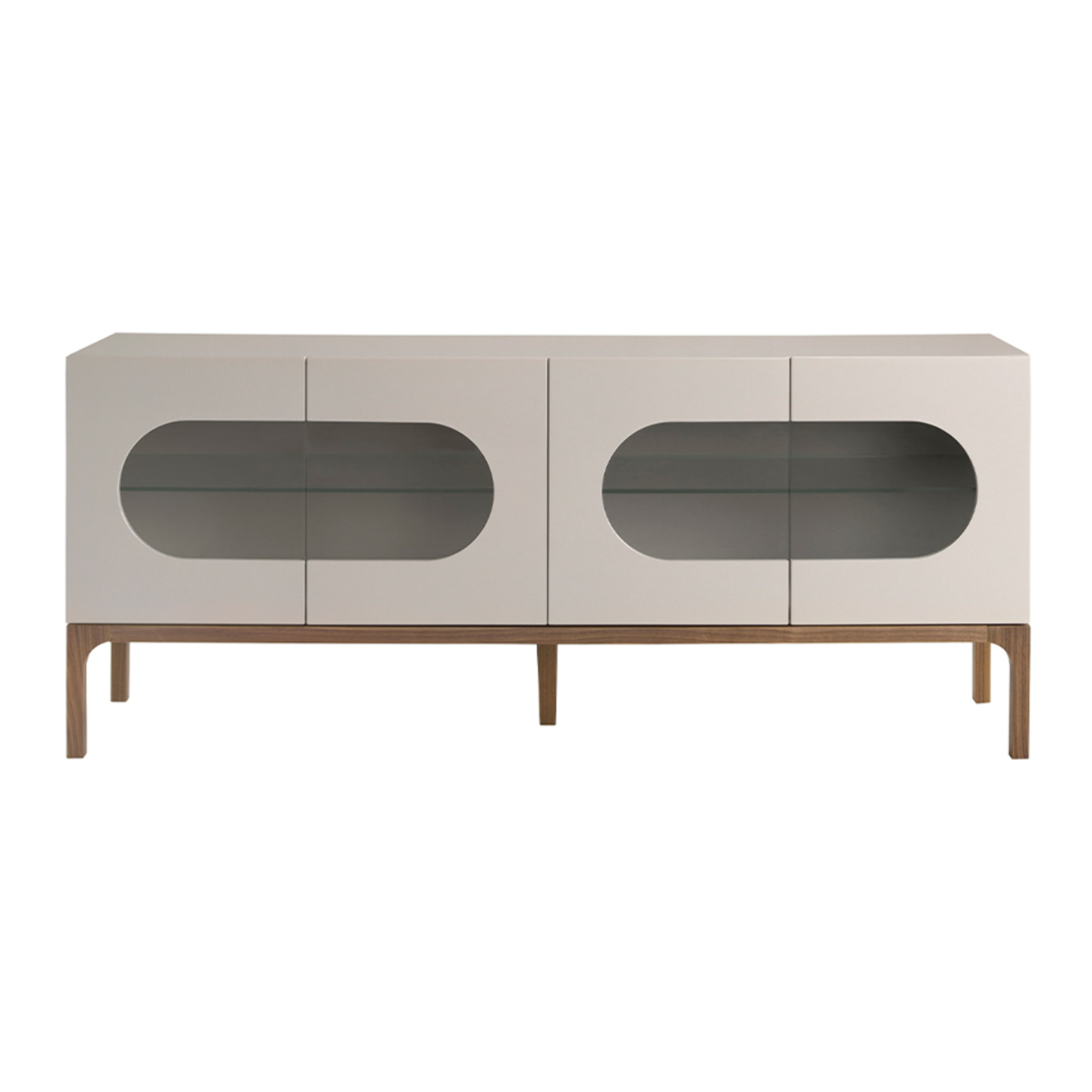 Aparador Angel Cerdá con estructura de madera de MDF en gris y patas de madera en nogal con iluminación interior 180x41x75cm