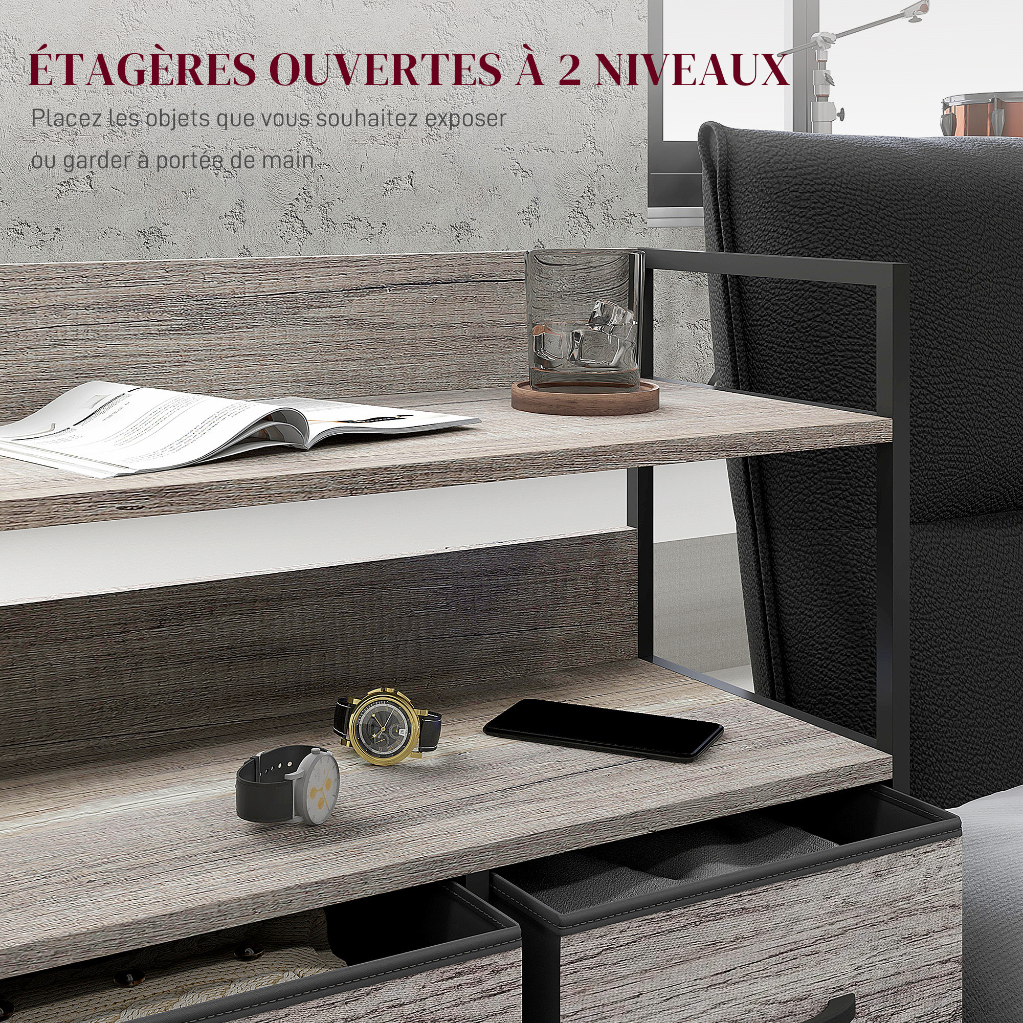 Commode style industriel - 5 tiroirs, 2 étagères - acier noir MDF non tissé effet bois gris