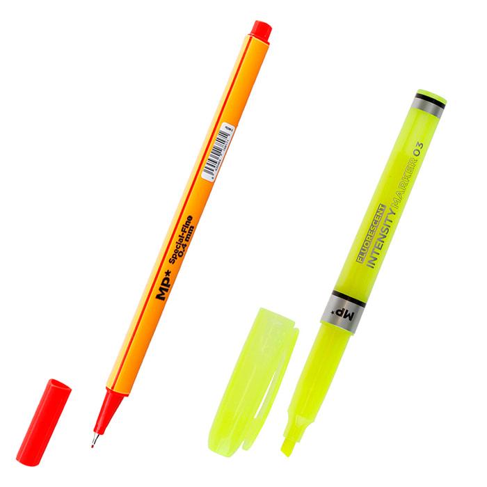 SET DI SCRITTURA: 2 evidenziatori a punta fine e 1 evidenziatore fluorescente.