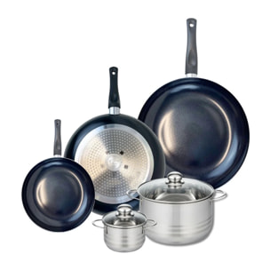 Ensemble de 3 Poêles de cuisson 20, 28 et 32 cm et 2 faitouts 12 et 20 cm Elo Prima Brillant