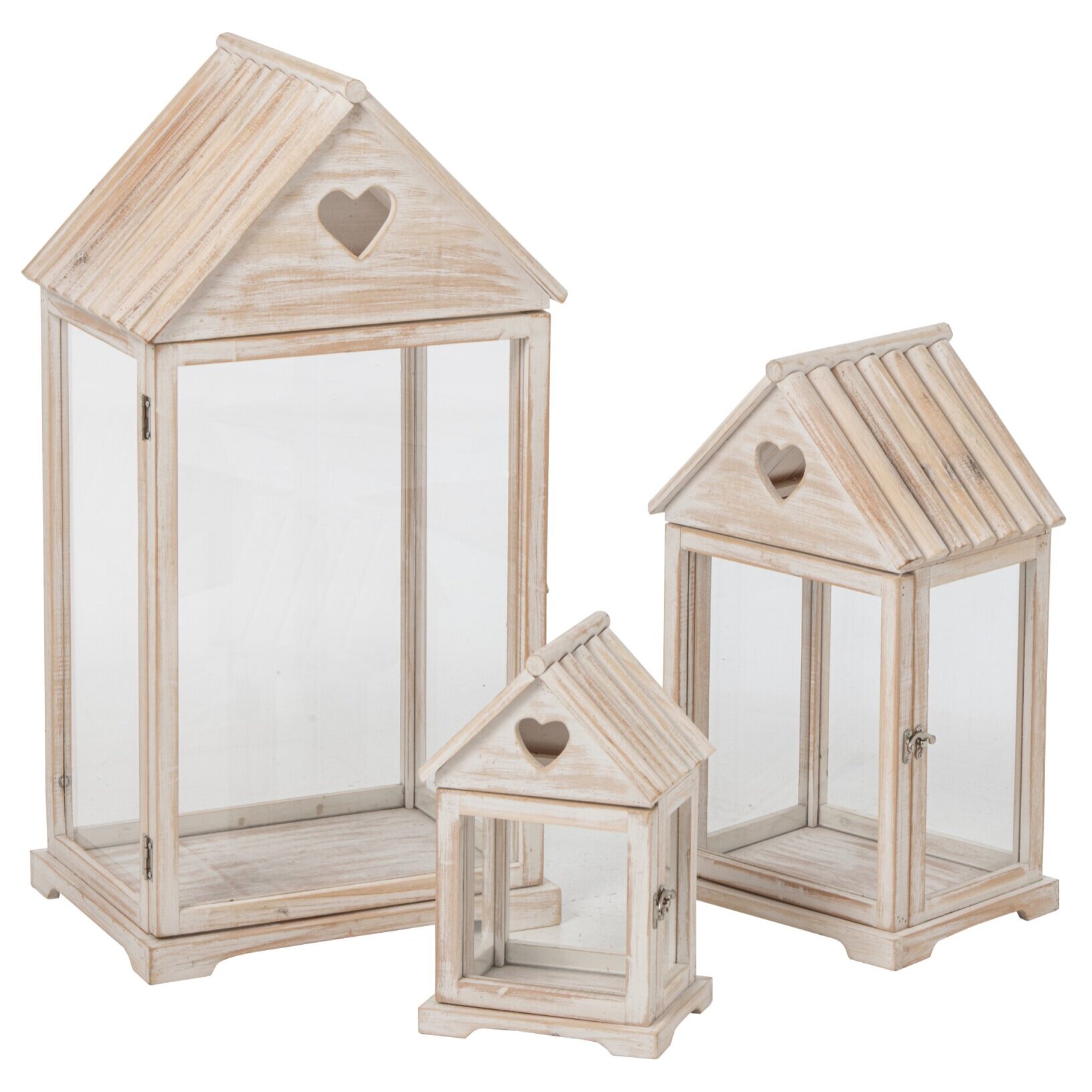 J-Line lanterne Cœur - bois de pin - beige - set de 3