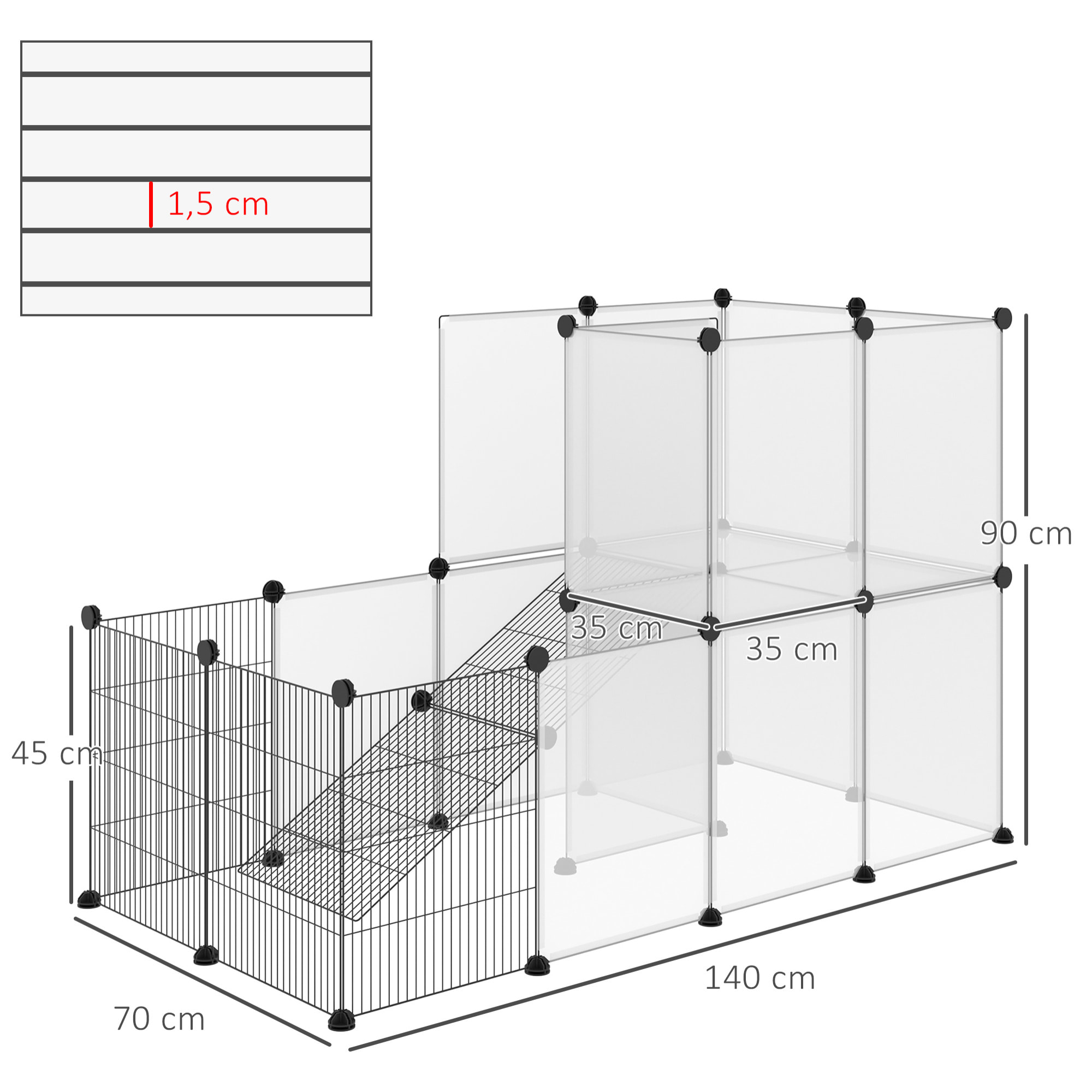 Cage parc enclos modulable rongeurs 2 niveaux 27 panneaux fil métallique noir PP transparent