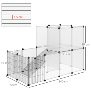 Cage parc enclos modulable rongeurs 2 niveaux 27 panneaux fil métallique noir PP transparent