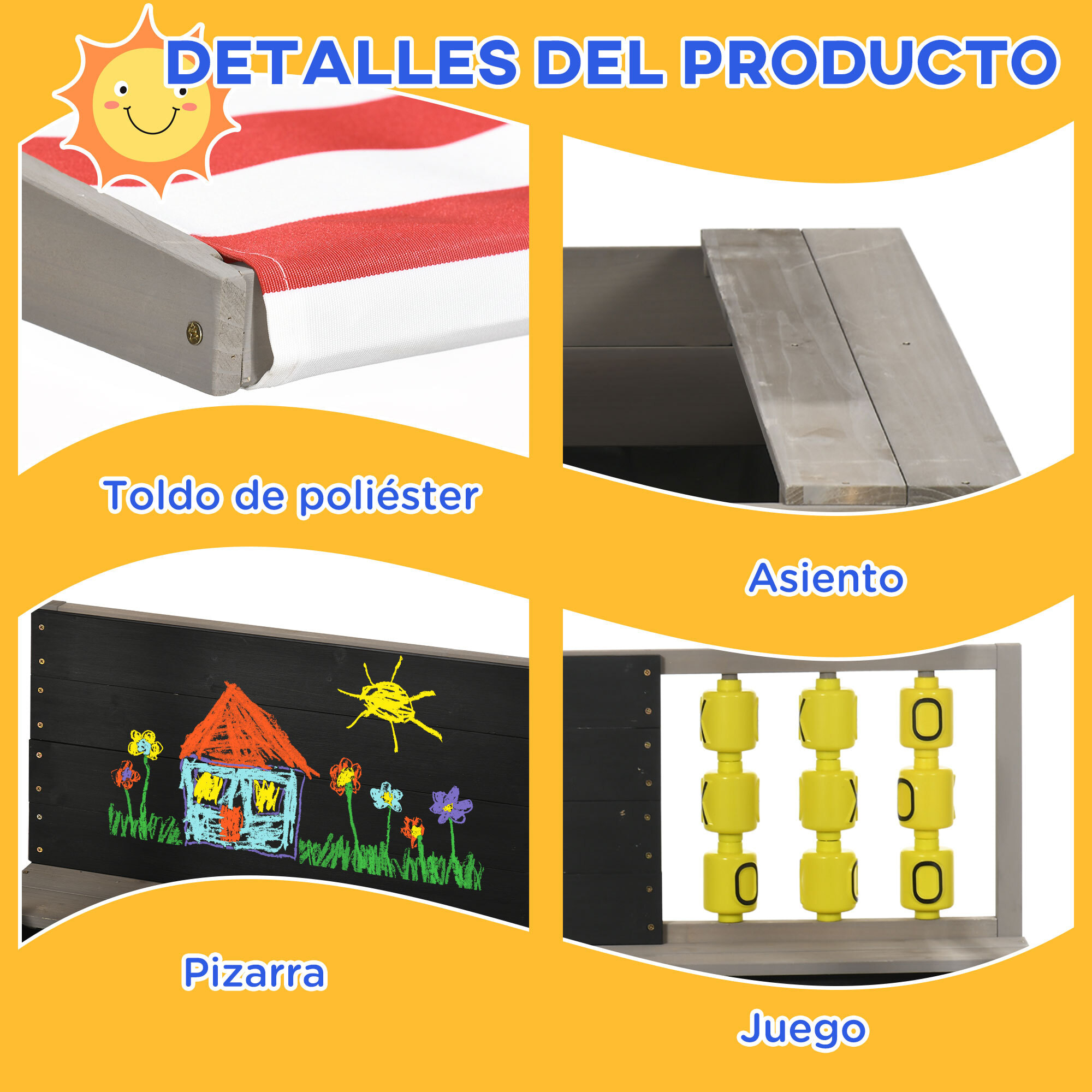 Arenero de Madera para Niños de 3-7 Años Arenero Infantil con Techo Ajustable de Tela no Tejida Banco de 2 Asientos Pizarra y Juguetes para Patio Jardín 114x113x110 cm Gris