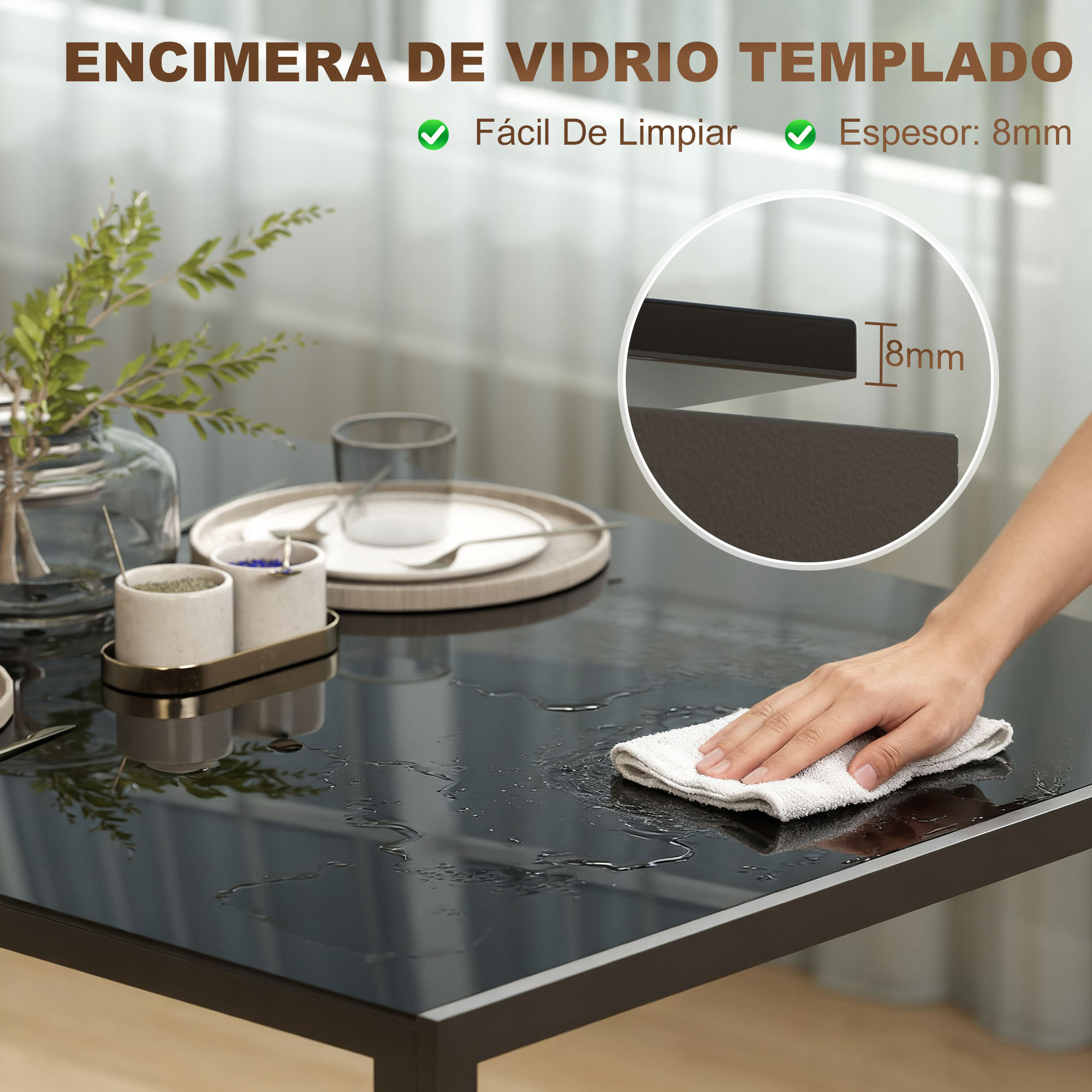 Mesa de Comedor de Cristal, Mesa Rectangular para 6 Personas con Patas de Metal, para Cocina, Salón, 140x80x75 cm, Negro