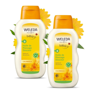 WELEDA - Duo Huile de Massage Douceur au calendula  - Eveil et soin - Vegan* - Certifié Natrue**- Flacon 200 ml x 2