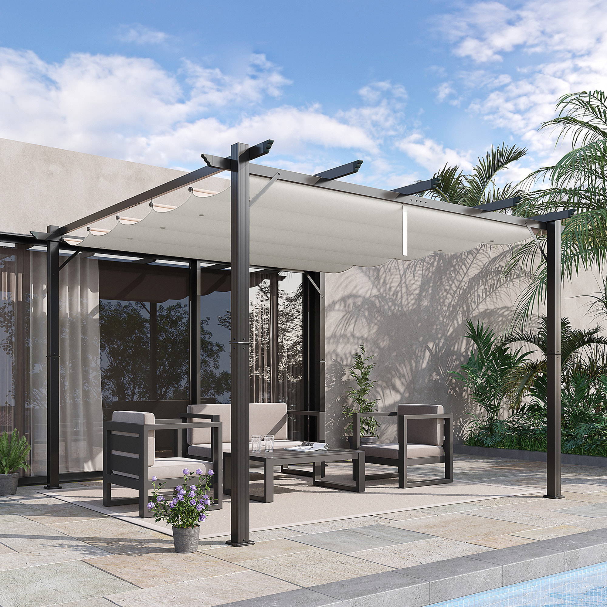 Conjunto de Pérgola Incluye 1 Pérgola de Jardín de Aluminio 3x3 m con Techo Retráctil y 1 Cubierta para Pérgola para Patio Terraza Exterior Café y Crema