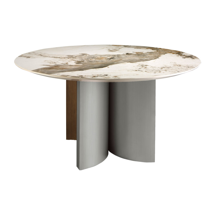 Mesa comedor Angel Cerdá redonda con tapa fija de mármol porcelánico blanco con vetas en tonos tierra en acabado brillo 150x150x75cm