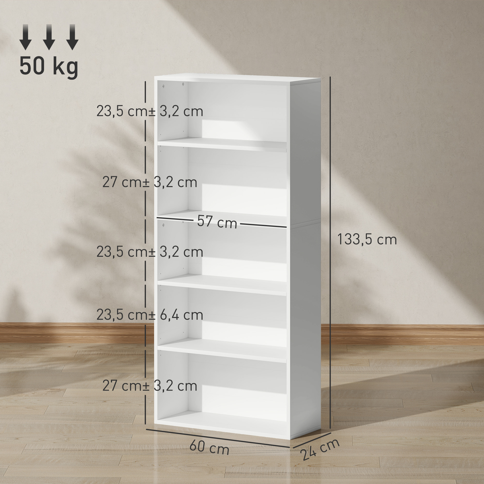 Librería de 5 Niveles Estantería de Libros con 3 Estantes Ajustables para Sala de Estar Oficina Dormitorio 60x24x133,5 cm Blanco