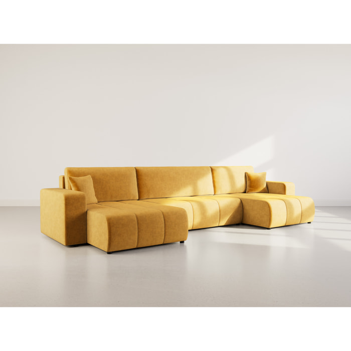 Nicole - Canapé panoramique en U 7 places convertible avec coffre en tissu - Jaune