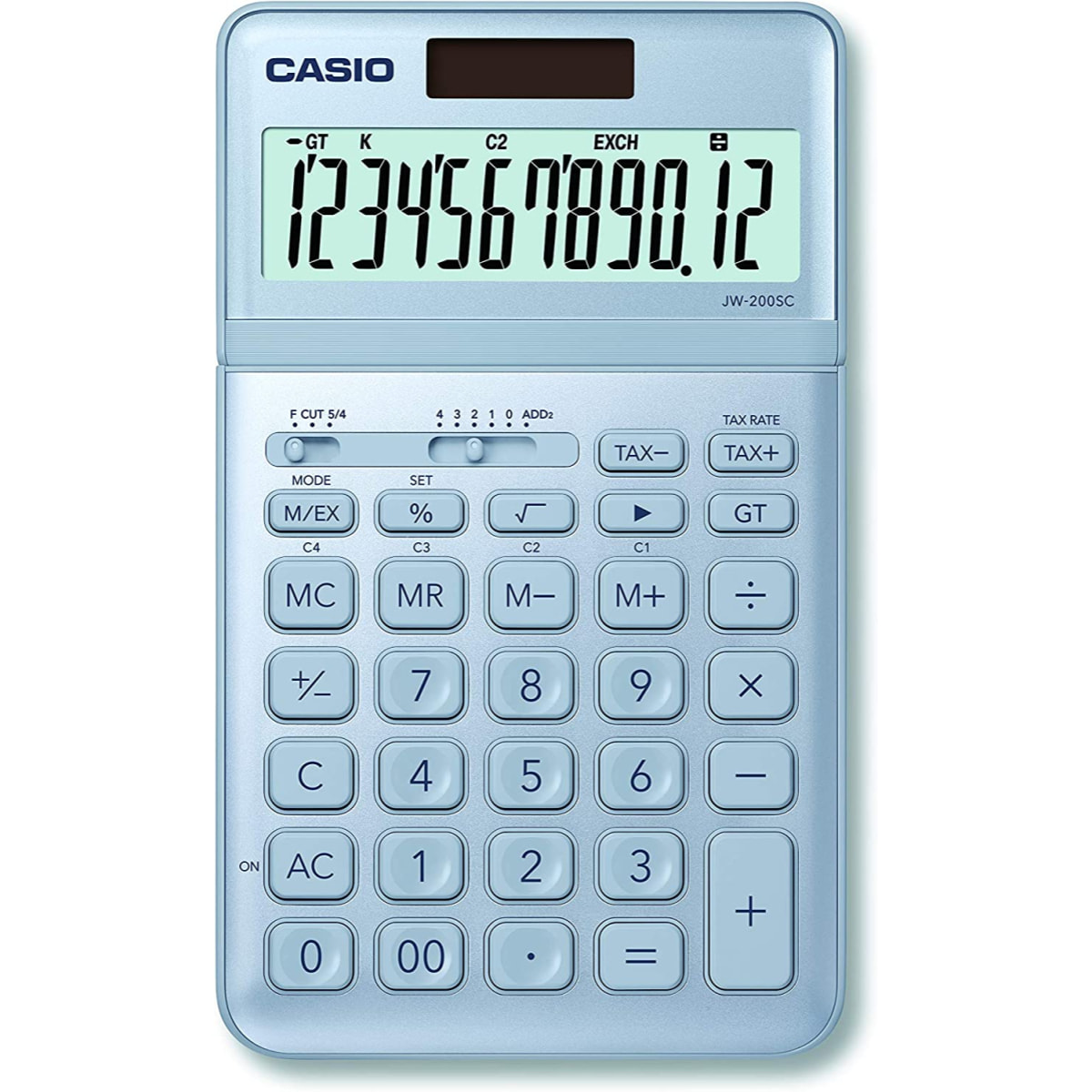 Casio Calculadora modelo JW-200SC-BUFuncion de cambio de divisa calculo de impuestos placa frontal metalica pantalla de inclinacion ajustable solar y a pilas