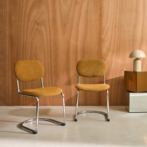 Lot de 2 chaises cantilever arrondie métal. bouclette texturée moutarde et pieds chromés - L 47 x P 54.5 x H 81cm - Maloa