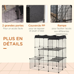 Cage parc enclos chat modulable dim. L105 x l70 x H105 cm 3 niveaux 2 portes rampe plateformes PE motif graphique fil métallique noir