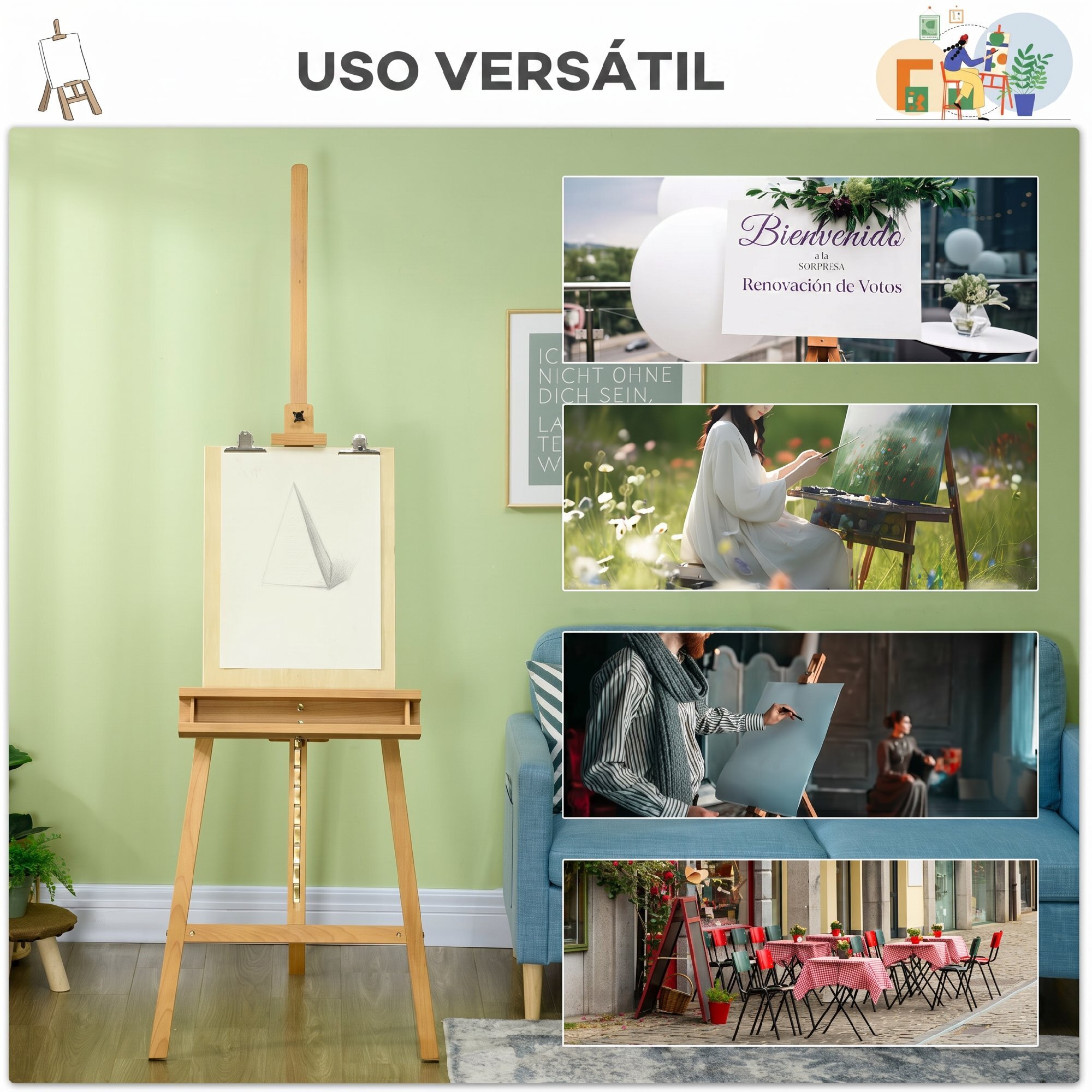 Caballete de Pintura Plegable, 235 cm, Caballete de Madera con Altura y Ángulo Ajustables, Estante Inferior, para Adultos, Artistas, Pintor, Estudiantes, Natural