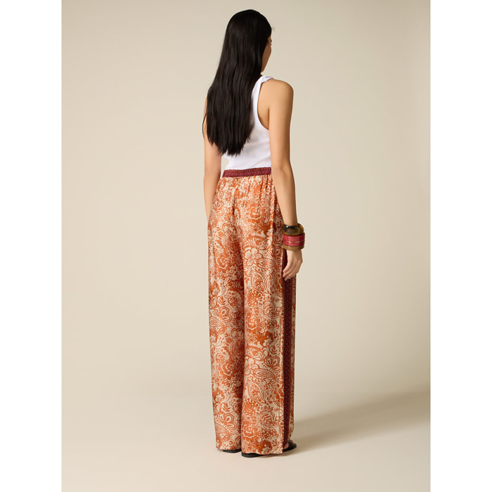 Oltre - Pantalones palazzo de satén estampado - Naranja sol
