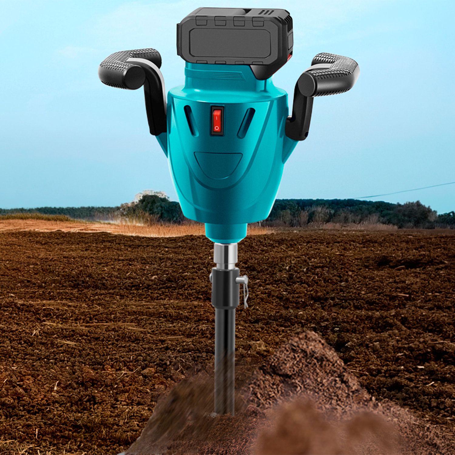 Taladro eléctrico para tierra de 20V con motor sin escobillas. Dos baterías de 15.000 mAh, 2 brocas de 40/60 mm y mezclador incluido.