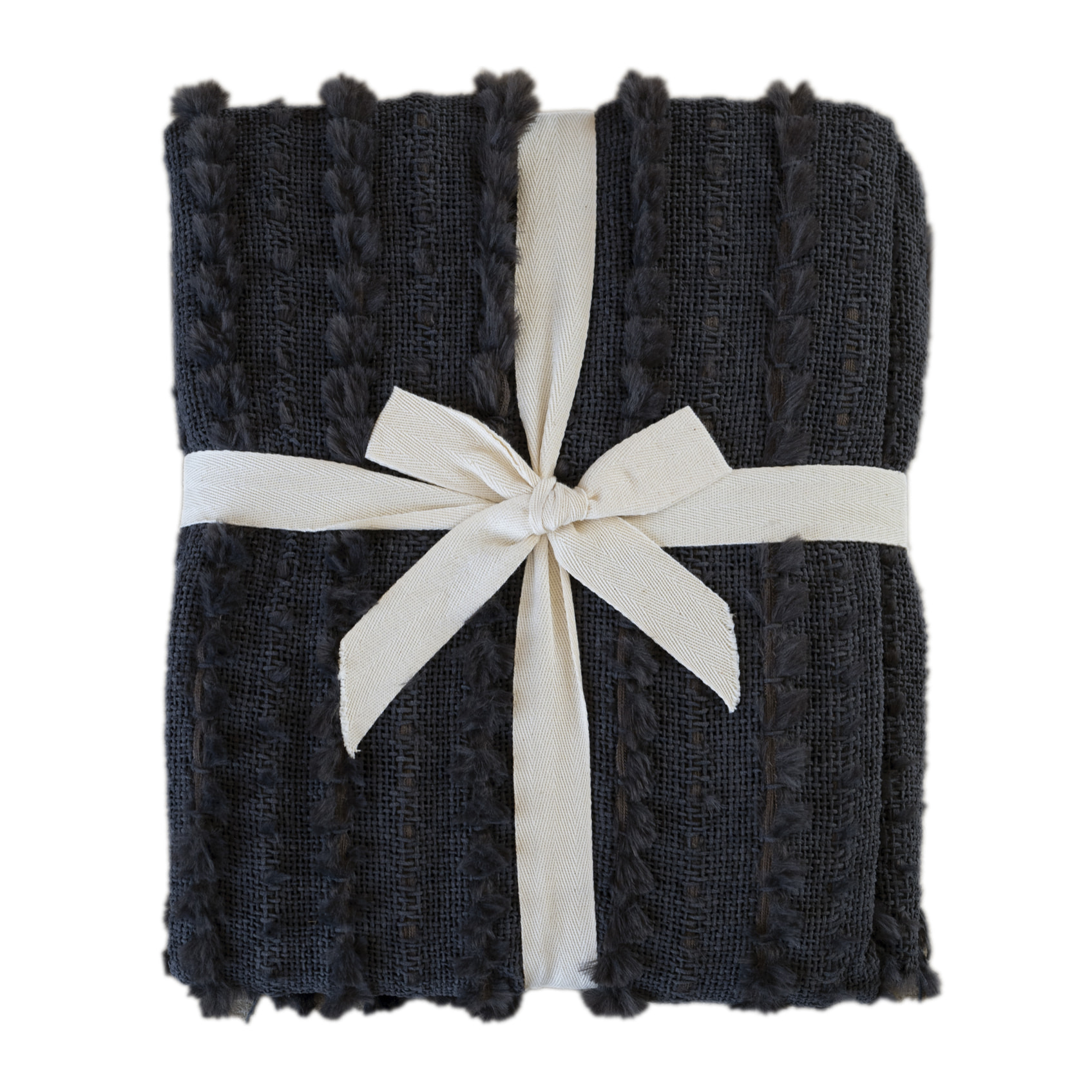 Plaid en chenille texturée avec franges - Gris anthracite