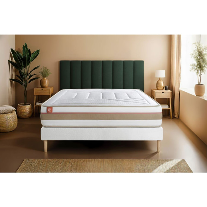 Pack Matelas Le Tendre - 28cm - Ressorts ensachés et mémoire de forme - Enveloppant - Sommier kit Blanc - Avec couette et oreillers
