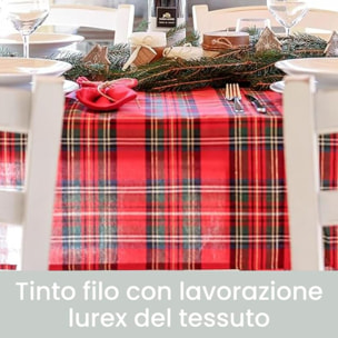 Runner natalizio rettangolare in cotone tartan con lurex, elegante decorazione per tavola delle feste, design scozzese raffinato e luminoso, resistente e pratico, facile da lavare, ideale per pranzi e cene natalizie, Made in Italy