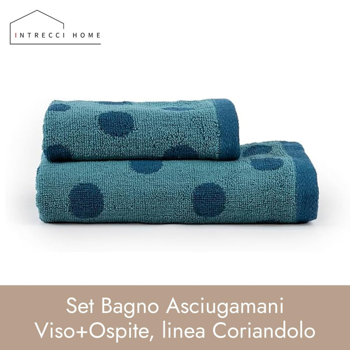 INTRECCI HOME Set Bagno Asciugamani Viso+Ospite, in Puro Cotone 450, Morbidezza Extra, Lavorazione Jacquard, Design a Pois, Elegante e Confortevole