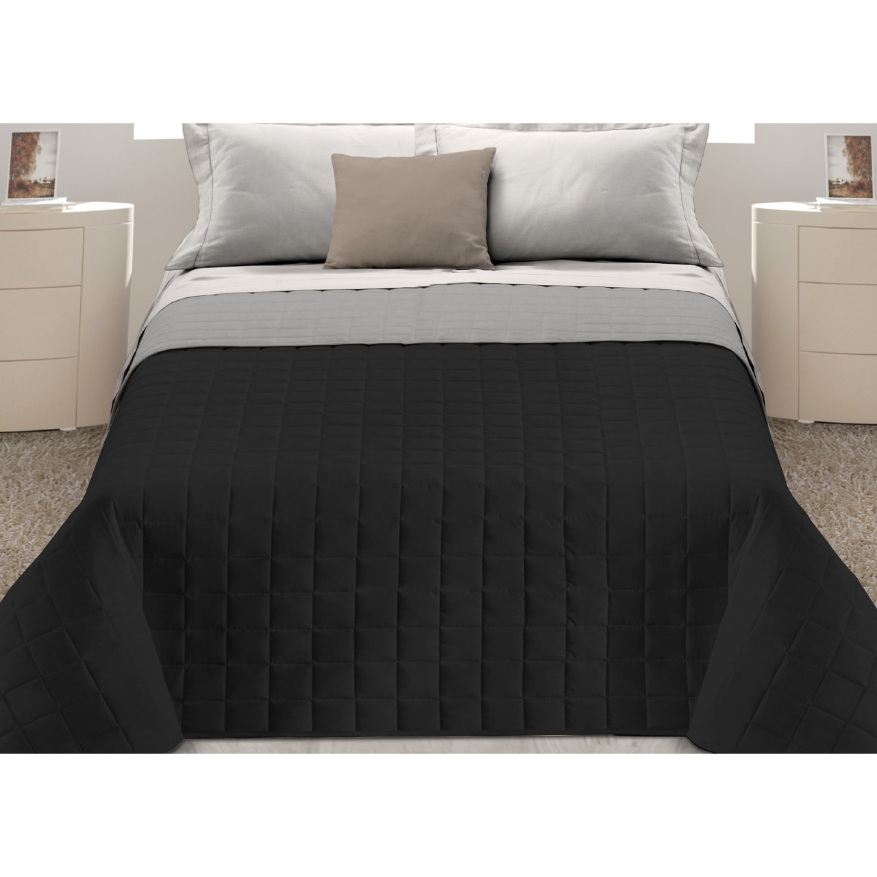 Trapuntino Primavera Estate 100gr in Tinta Unita Double Face Letto Matrimoniale Colore Nero-Grigio