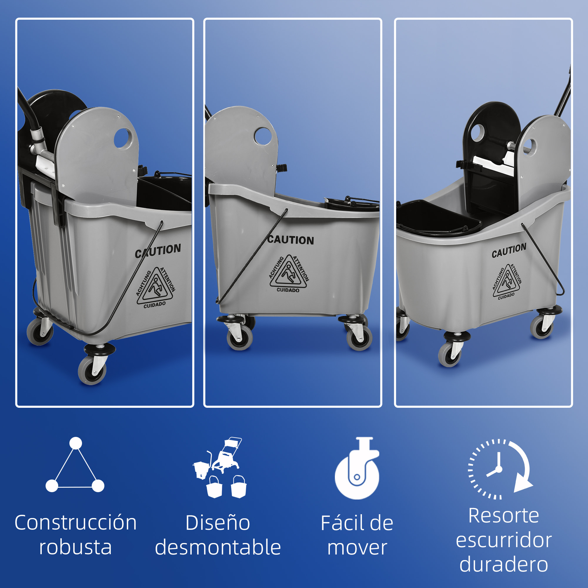 Cubo de Fregona con Ruedas Capacidad de 36L Carro de Limpieza con Escurridor de Presión Abajo y 2 Cubetas Separadas 54x41x91,5 cm Gris