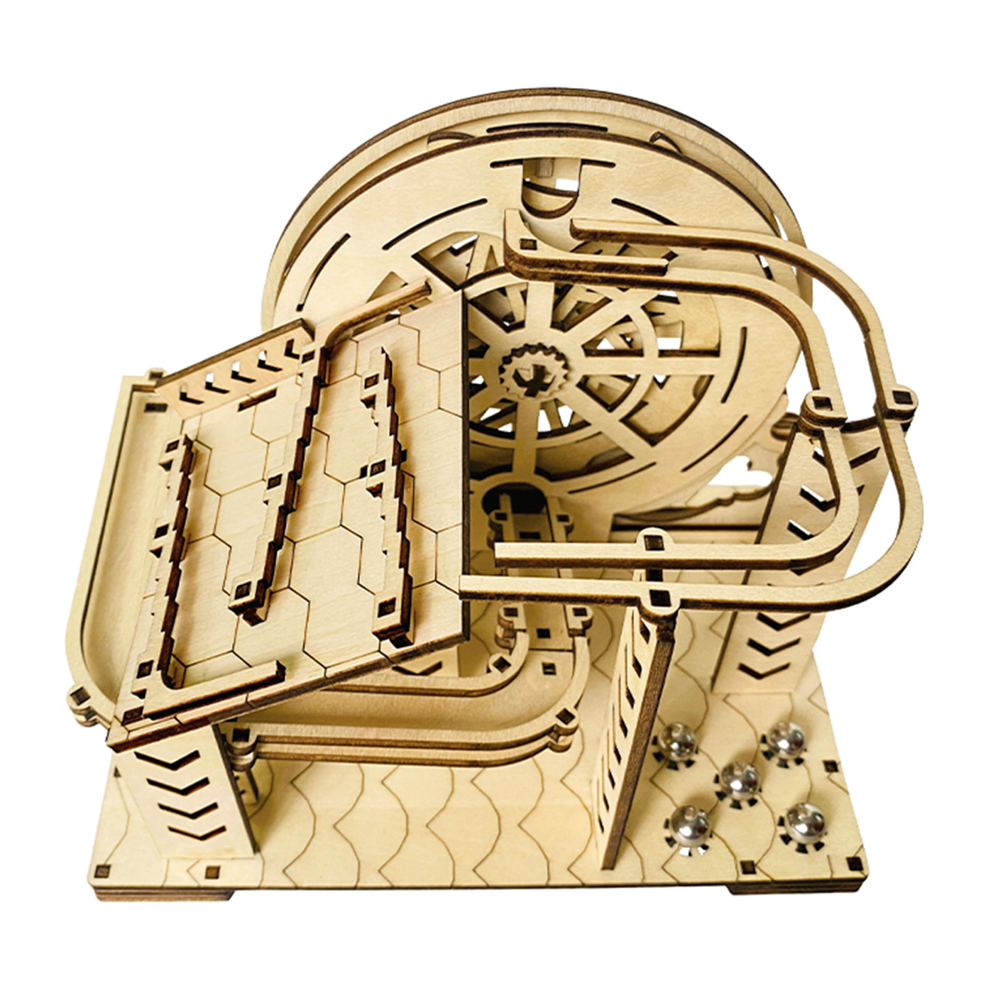 Modello in Legno 3D, con movimento meccanico design di Sfera orbitale meccanica con manovella. 98 pezzi.