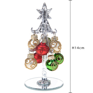 Albero Con Ornamenti In Vetro. Altezza 14 Cm - Pezzi 3 - 6,5X14X6,5cm - Colore: Verde - Bianchi Dino - Articoli Natalizi