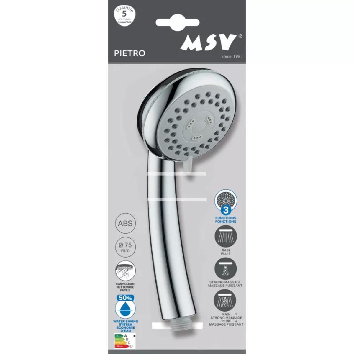 Pommeau de douche à main MSV Pietro 3 fonctions – ABS chromé – Économie d'eau – Picots anti-calcaire Ø75 mm