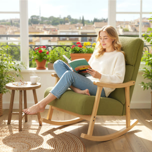 Silla Mecedora de Borreguito Moderna, Mecedora con Patas y Reposabrazos de Madera de Caucho, Respaldo Alto, Sillón de Lactancia Carga 120 kg, para Dormitorio, Salón