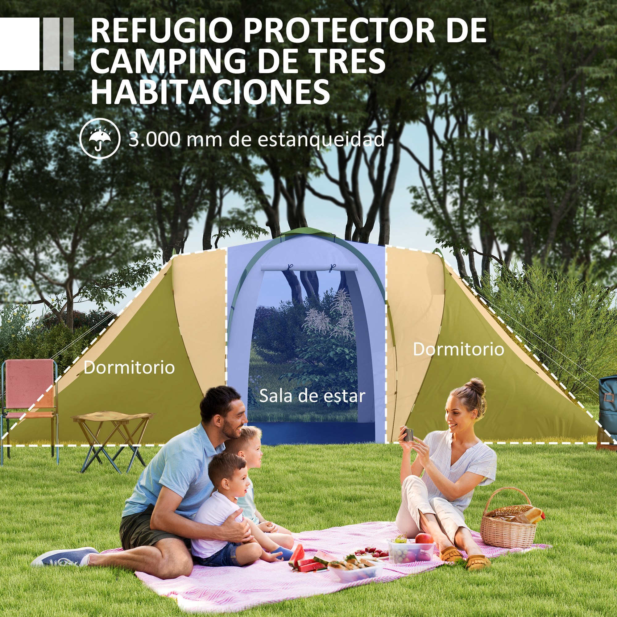 Tienda de Campaña Familiar para de 4-6 Personas con 2 Dormitorios Tienda de Camping Plegable Impermeable 3000 mm con Bolsa para Senderismo 555x225x190 cm Gris y Verde