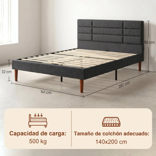 HOMCOM Cama Tapizada 140x200 cm con Cabecero Acolchado de Rejilla y Almacenaje Inferior, Marco de Cama Doble con Láminas de Madera, Diseño Moderno, Fácil Montaje, Gris