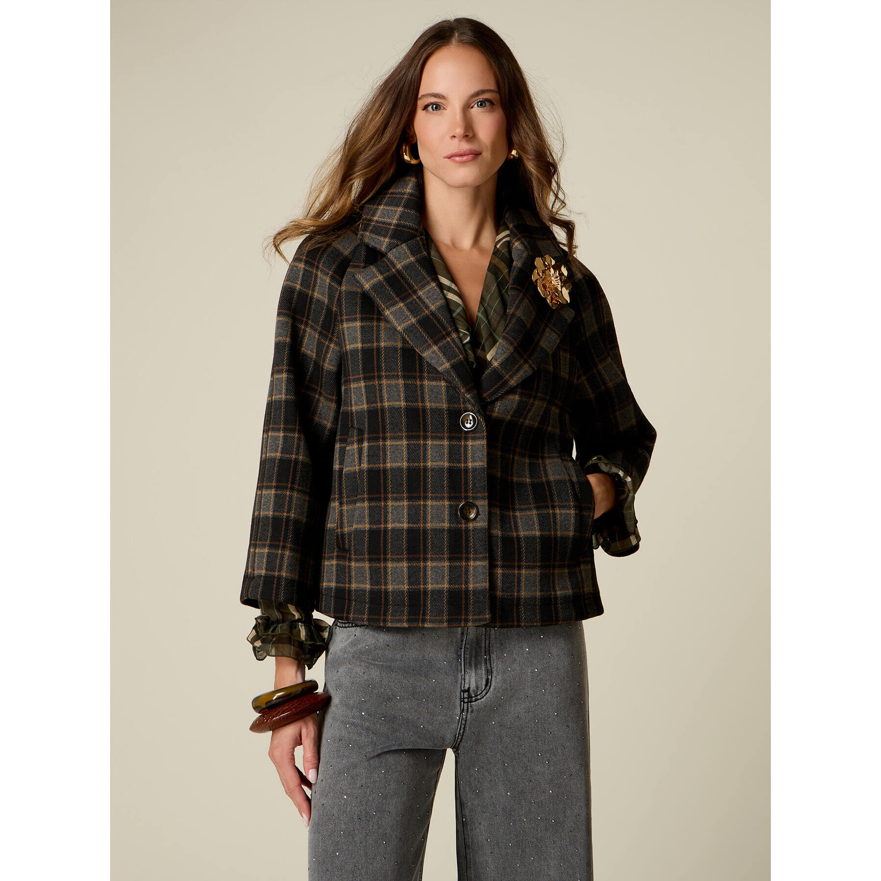 Oltre - Giacca boxy check - Marrone