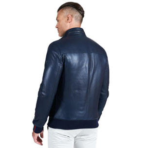 Bomber imbottito in pelle nappa blu collo coreana con cerniera