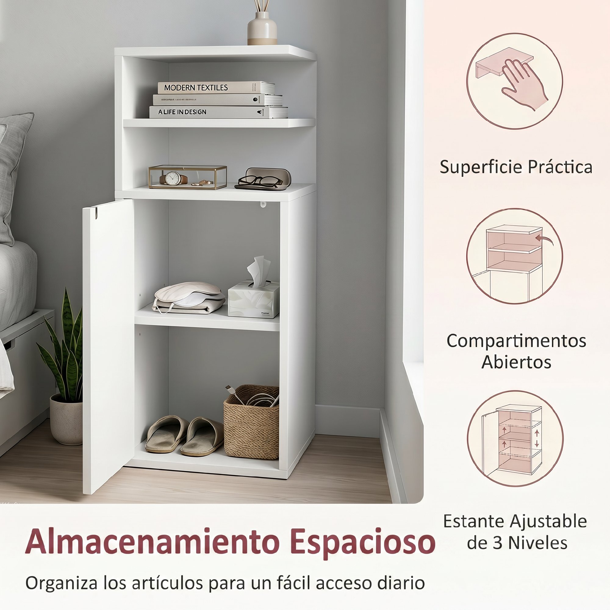 Mesitas de Noche Estrechas, Juego de 2, Mesillas de Noche Dormitorio con Puerta, Compartimentos Abiertos, Mesa Auxiliar para Salón, Espacios Reducidos, 25x30x60 cm, Blanco