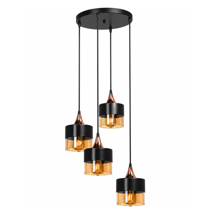 Lustre 4 suspensions en verre ambré métal noir et effet cuivre CUENCA