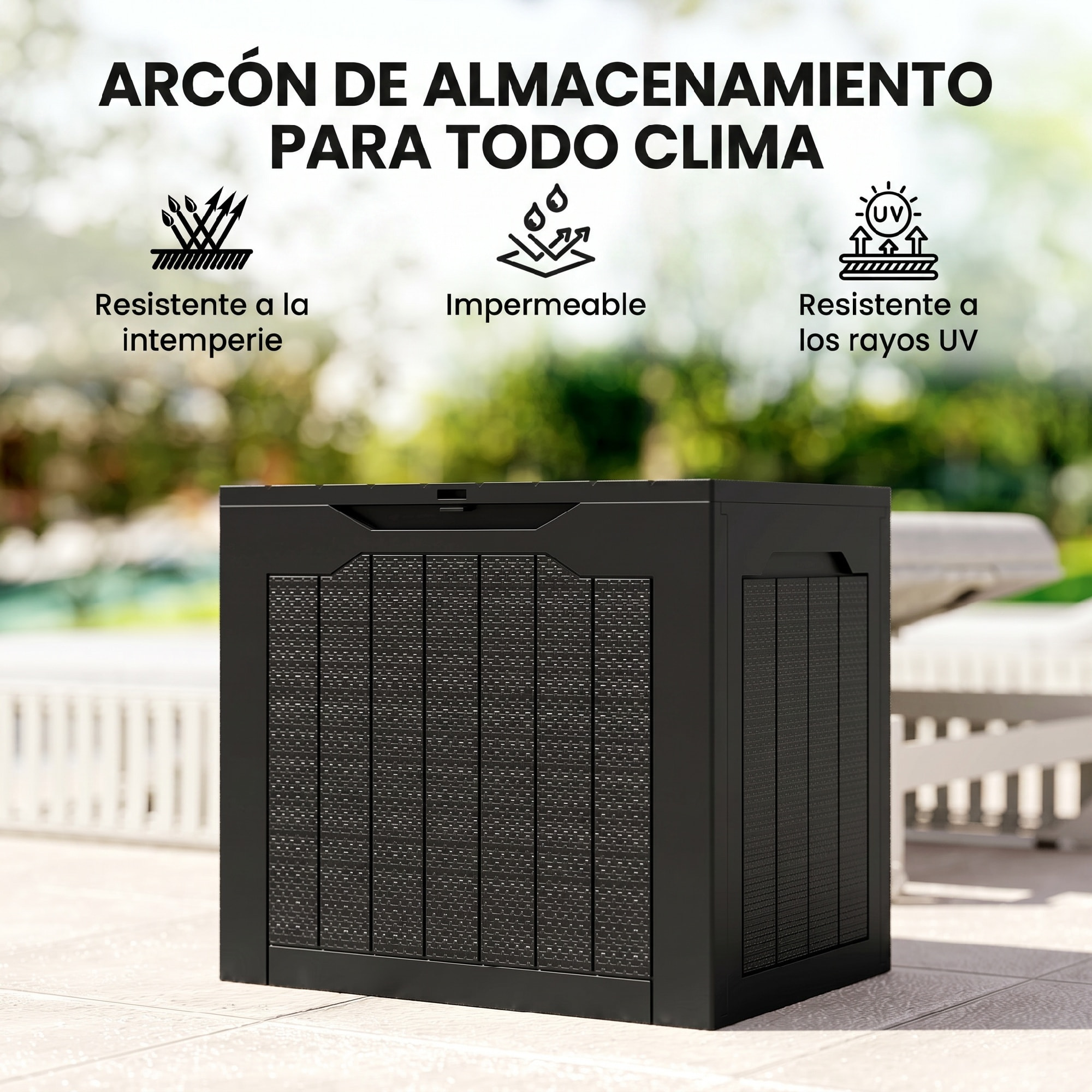 Outsunny Baúl de Almacenaje Exterior 97L Arcón de Jardín Exterior Pequeño de Plástico Impermeable con 2 Asas Integradas y Soporte para Candado 56x41x50 cm Negro
