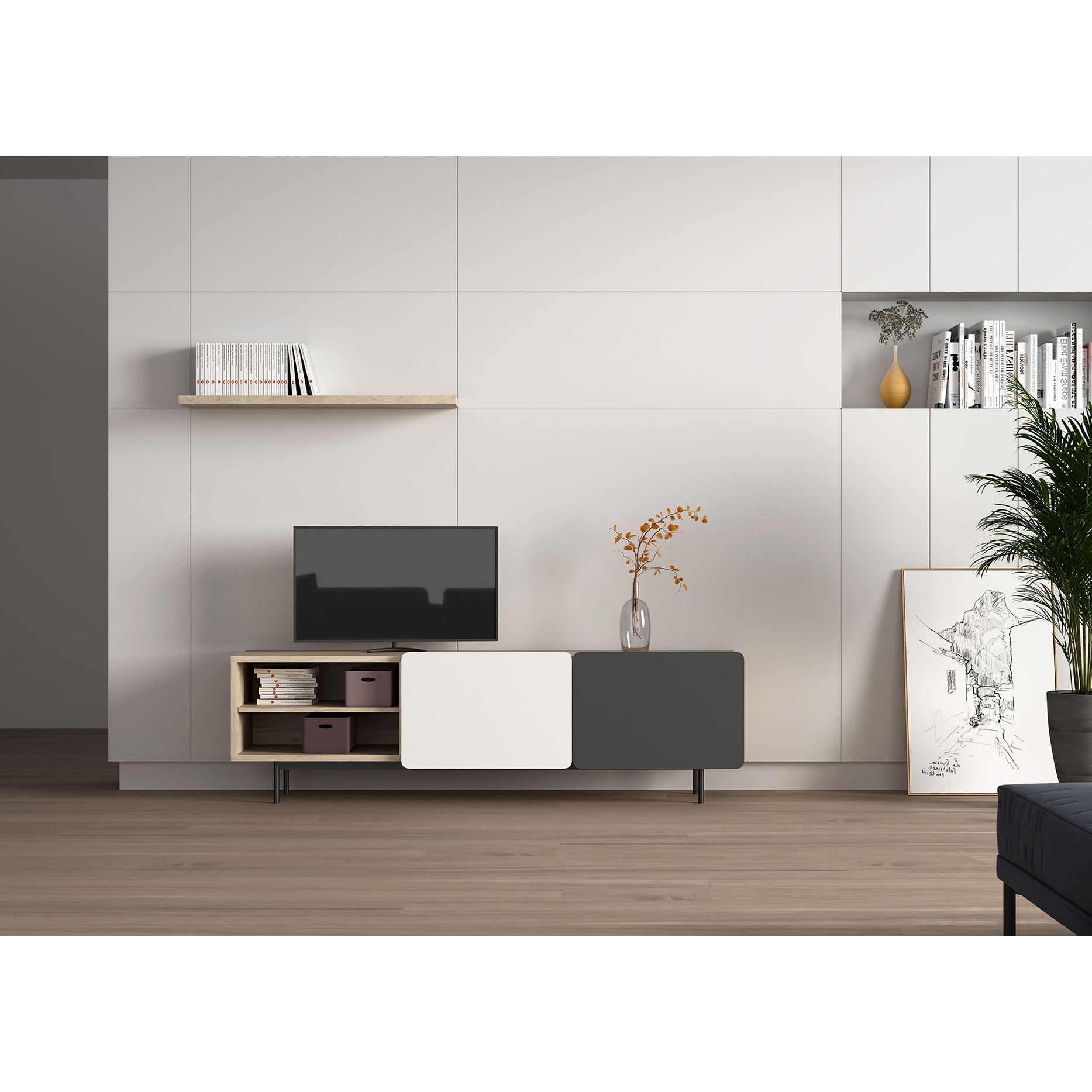 Bajo tv Biscuit roble-grafito-blanco 54x180x44 cm